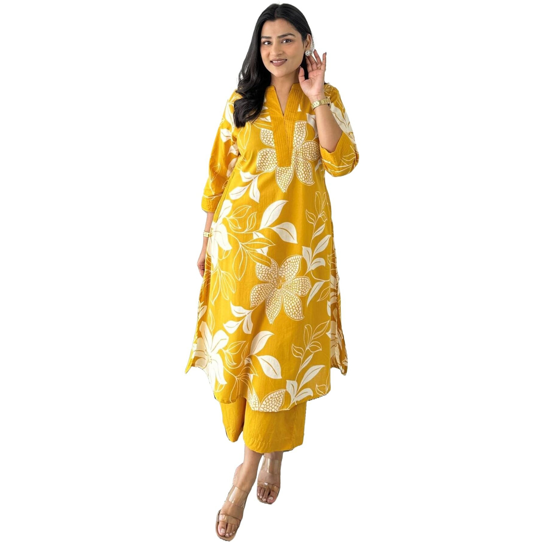 Yashika Regular Floral Printed Cotton Blend 3/4th Sleeve Knee Length V-Neck Kurta and Palazzo Set for Women (AZ-YS-OG-KS2204-Parent_Yellow