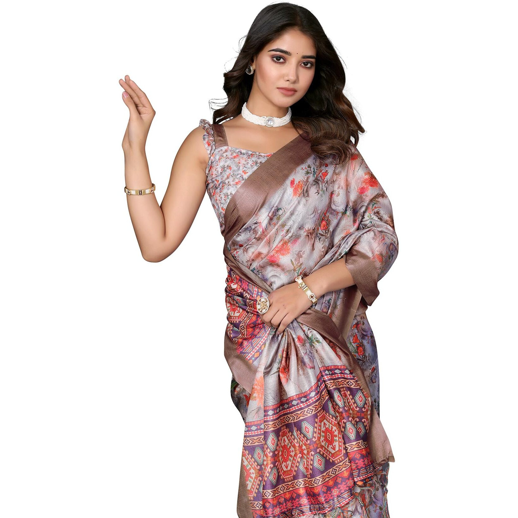Yashika Women's Digital Print Art Silk Cotton Saree with Tassels and Golden Border - Lightweight and Elegant Ethnic Wear for Festive and Casual Occasions (AZ-YS-P3-PUSHPA 04)