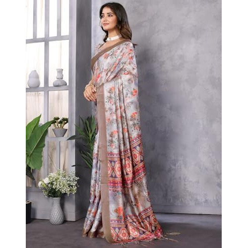Yashika Women's Digital Print Art Silk Cotton Saree with Tassels and Golden Border - Lightweight and Elegant Ethnic Wear for Festive and Casual Occasions (AZ-YS-P3-PUSHPA 04)
