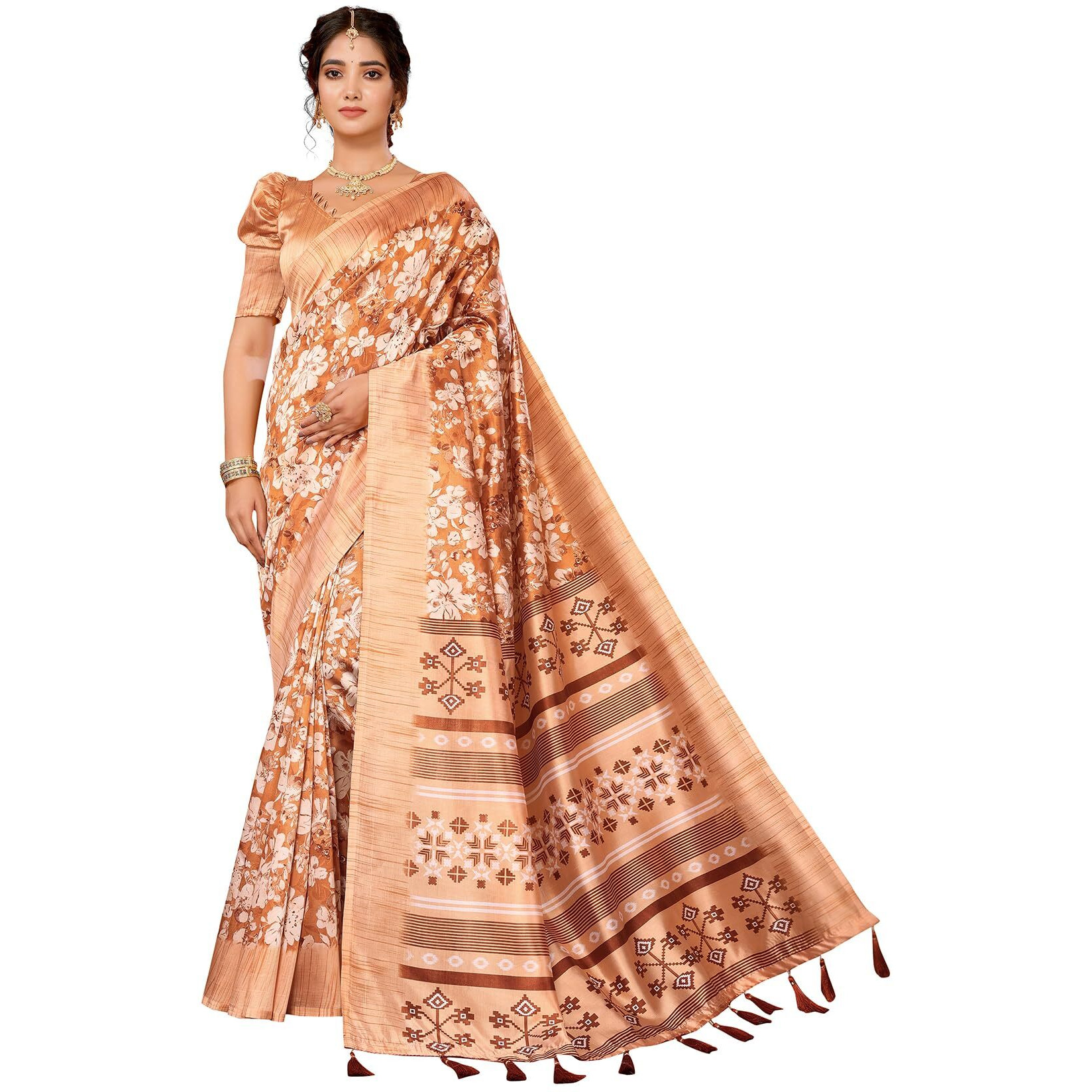 Yashika Women's Art Silk Printed with Tassels Unstitched Blouse Material Stylish Party Casual Wear Traditional Trendy Saree (AZ-YS-P1-SUMITRA-Parent_Orange)