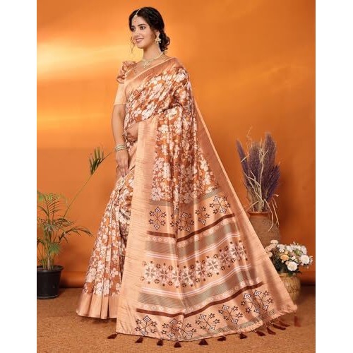 Yashika Women's Art Silk Printed with Tassels Unstitched Blouse Material Stylish Party Casual Wear Traditional Trendy Saree (AZ-YS-P1-SUMITRA-Parent_Orange)