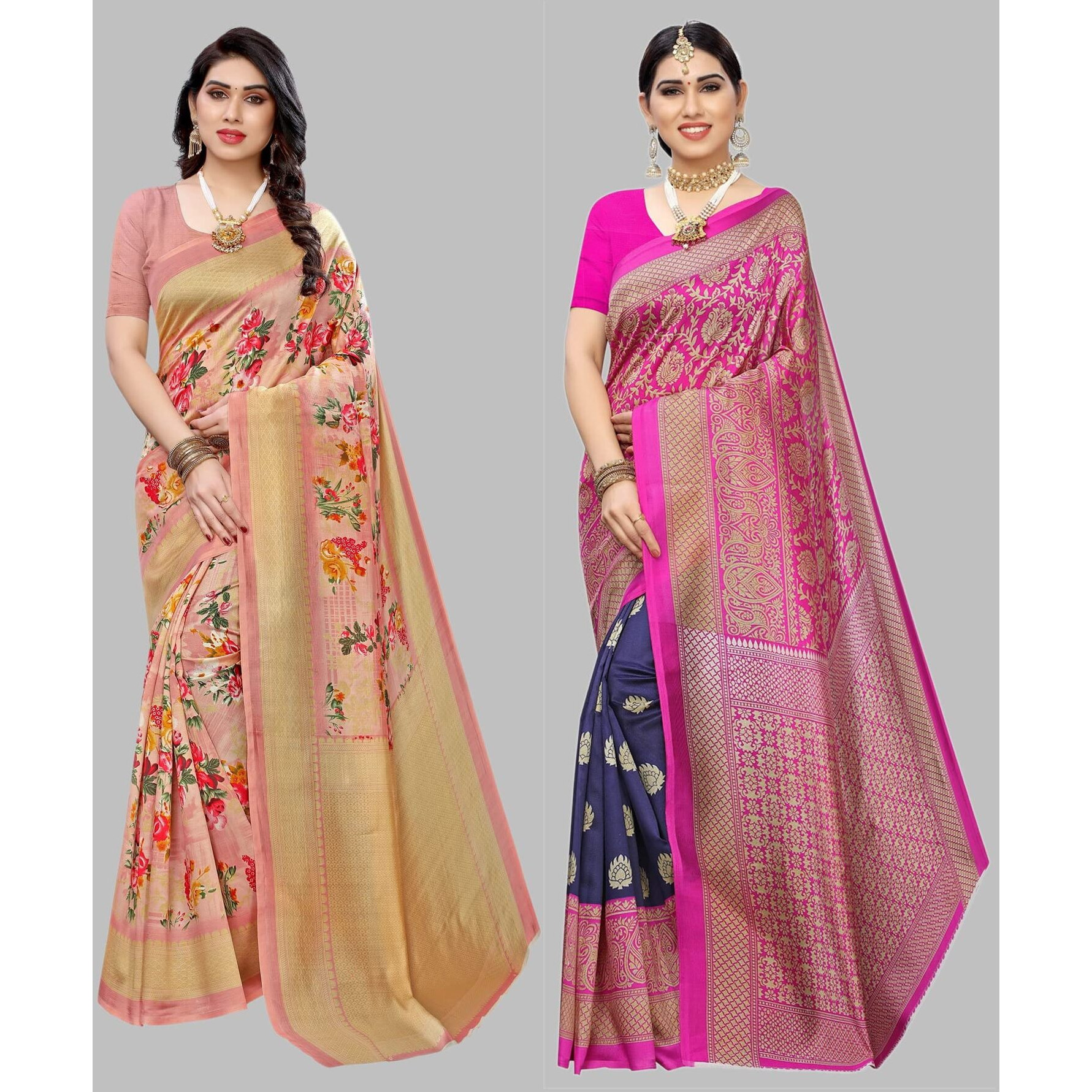 Yashika Women's Combo Art Silk Printed Saree With Blouse Piece Pack Of 2(AIR PEACH-METRO NAVY)