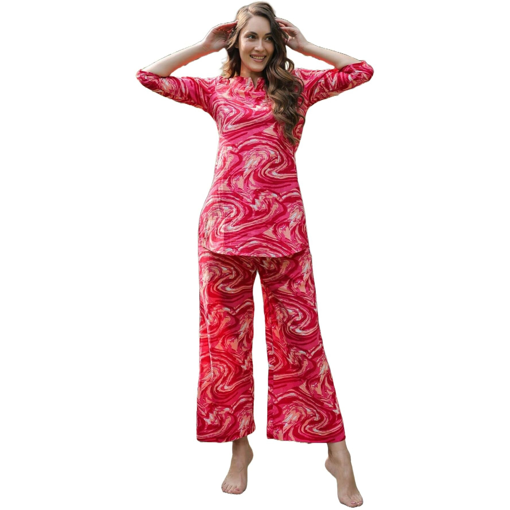 ANNI DESIGNER Women's Rayon Blend Straight Printed Co-Ord Set (Bhata Pink_XL_Pink_X-Large)