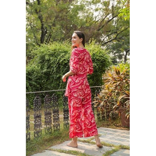 ANNI DESIGNER Women's Rayon Blend Straight Printed Co-Ord Set (Bhata Pink_XL_Pink_X-Large)
