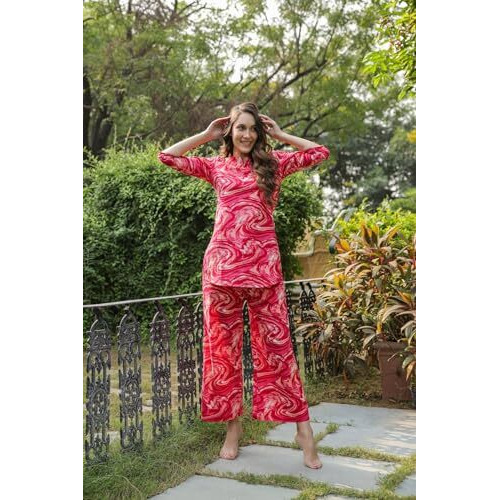 ANNI DESIGNER Women's Rayon Blend Straight Printed Co-Ord Set (Bhata Pink_XL_Pink_X-Large)