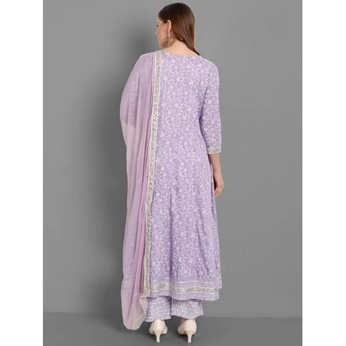 ANNI DESIGNER Women's Cotton Blend Embroidered Regular Kurta with Pant & Dupatta (HITMYN-Purple Small)