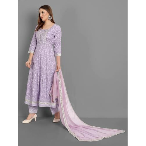 ANNI DESIGNER Women's Cotton Blend Embroidered Regular Kurta with Pant & Dupatta (HITMYN-Purple Small)