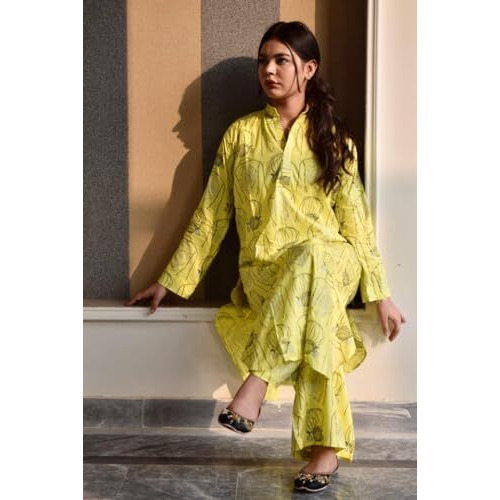 ANNI DESIGNER Women's Rayon Viscose Straight Printed Kurta with Palazzo (Canva YELLOW-VKS01_XL_Yellow_X-Large)