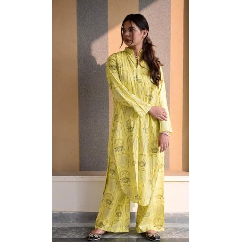 ANNI DESIGNER Women's Rayon Viscose Straight Printed Kurta with Palazzo (Canva YELLOW-VKS01_XL_Yellow_X-Large)