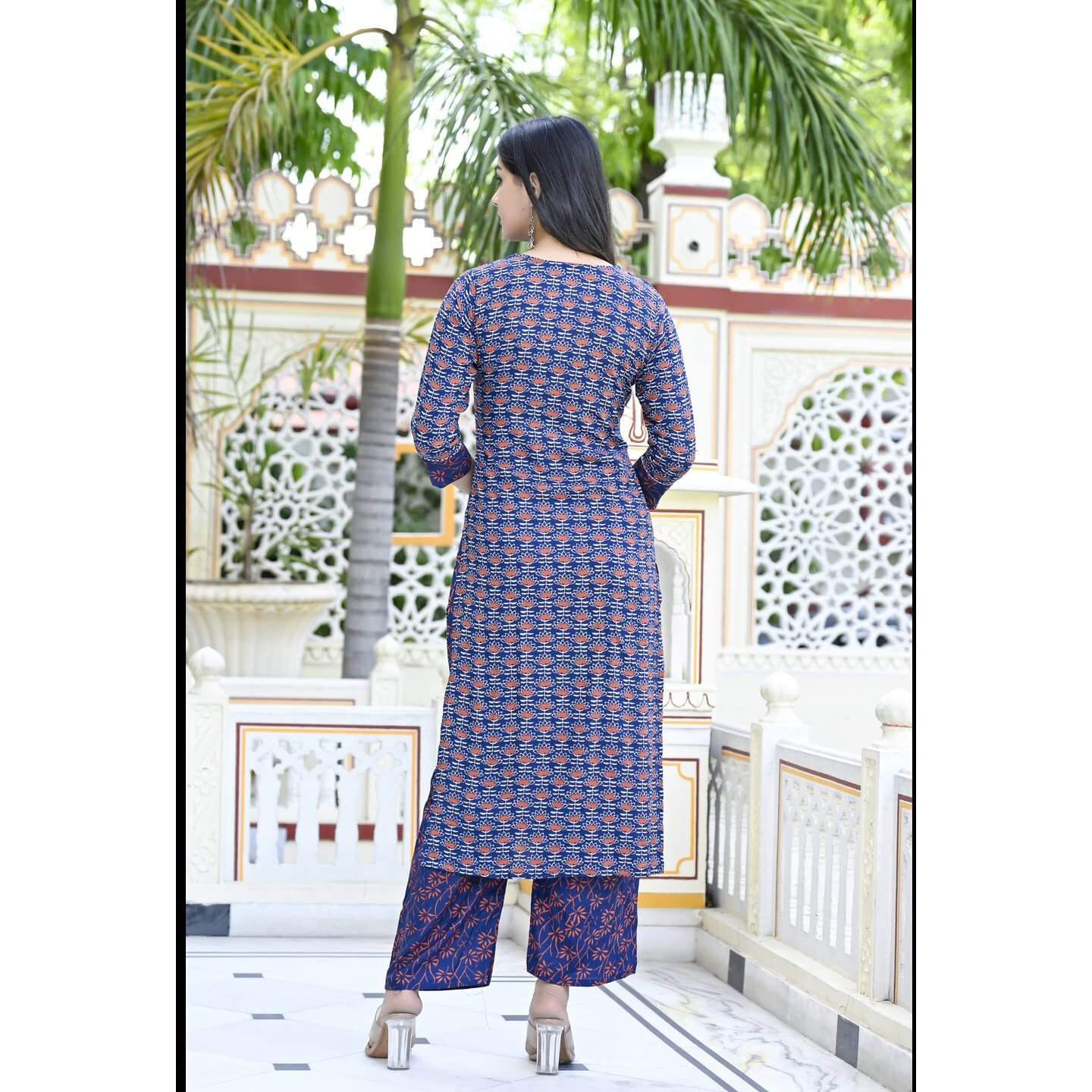 ANNI DESIGNER Women's Cotton Blend Printed Straight Kurta with Pant (Punya Blue-CMD_L_Blue_Large)