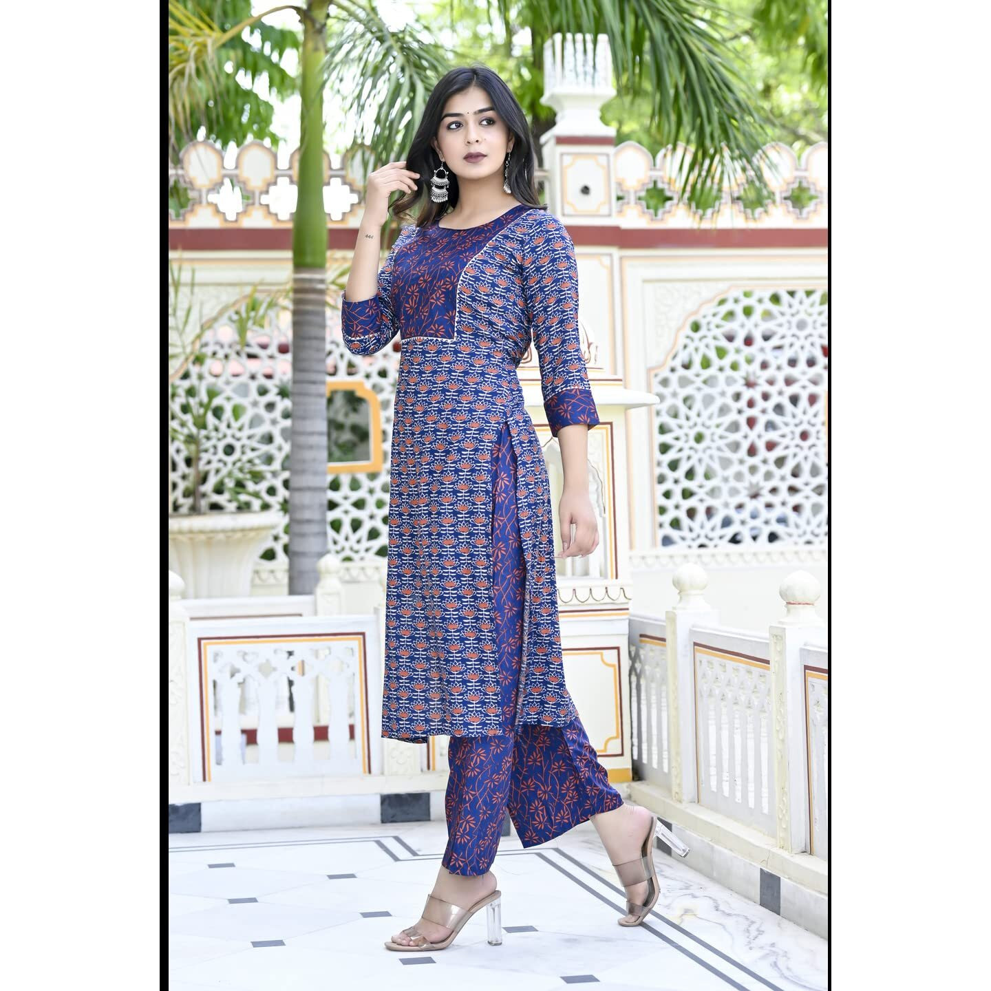ANNI DESIGNER Women's Cotton Blend Printed Straight Kurta with Pant (Punya Blue-CMD_L_Blue_Large)