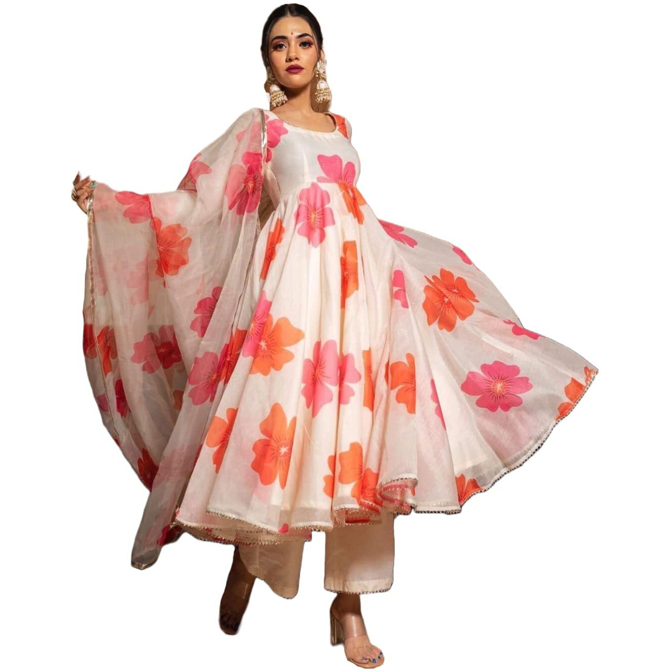 ANNI DESIGNER Women's Chanderi Cotton Flowers Printed Anarkali Kurta and Pant with Dupatta Set (Anarkali-White_M_White_Medium)