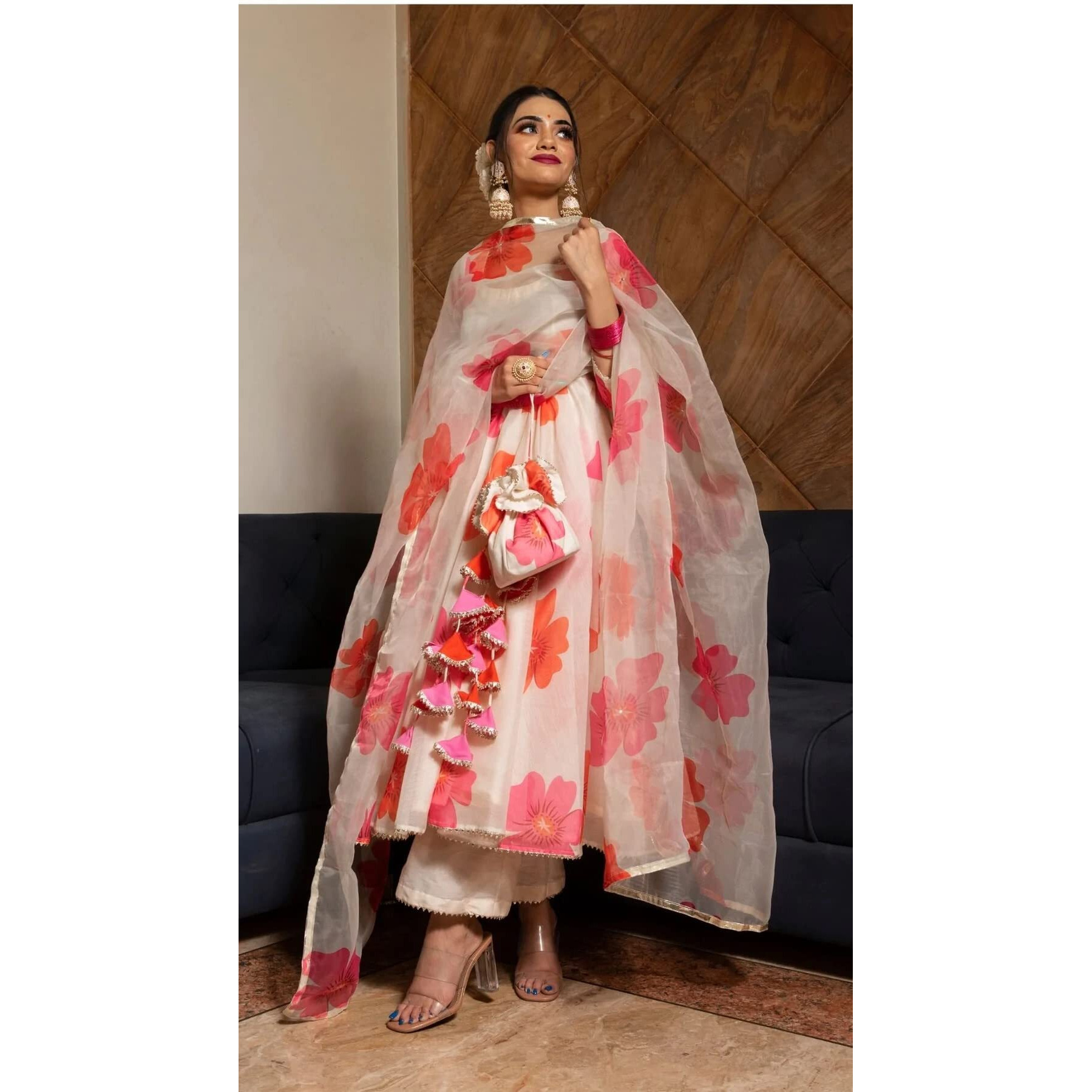 ANNI DESIGNER Women's Chanderi Cotton Flowers Printed Anarkali Kurta and Pant with Dupatta Set (Anarkali-White_M_White_Medium)
