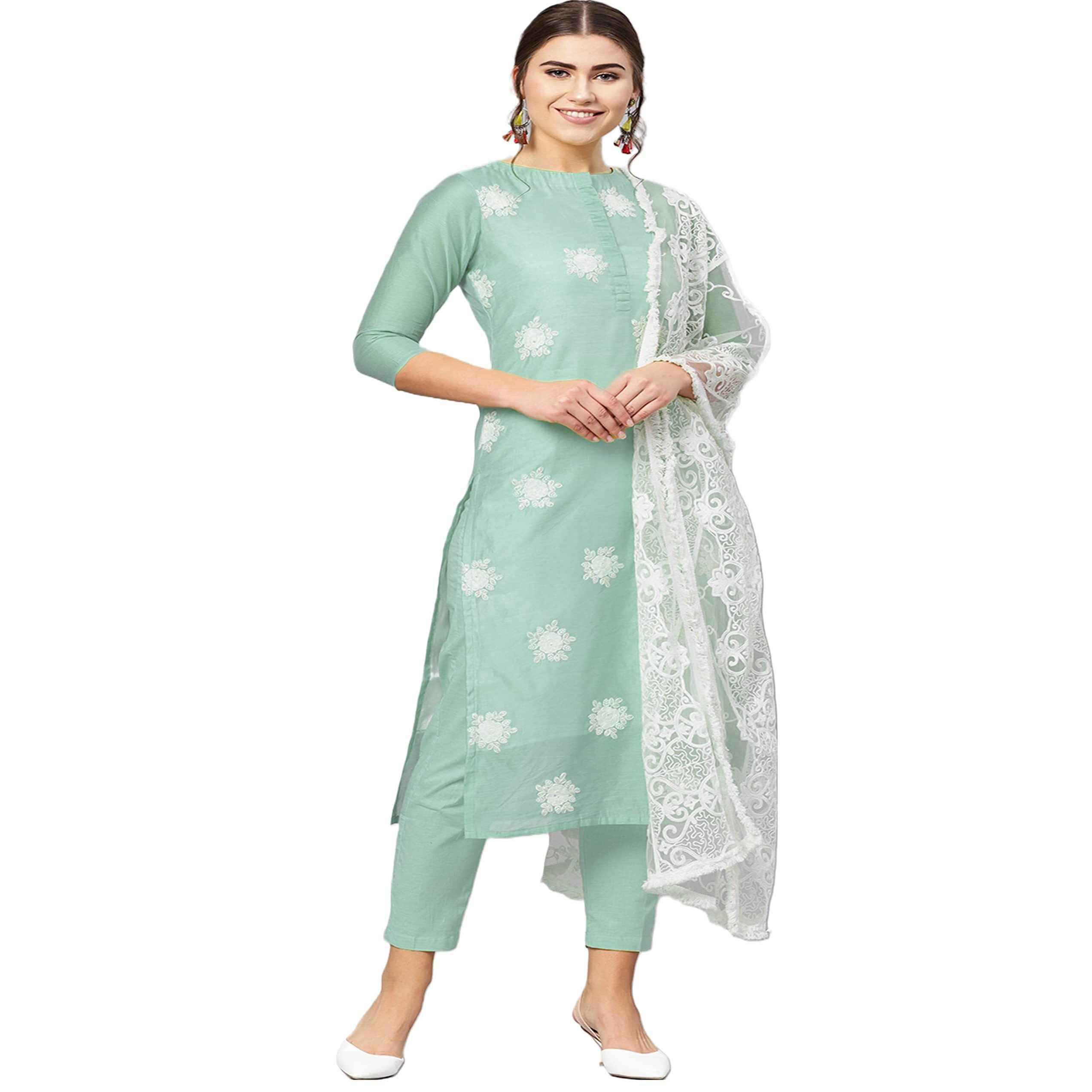 ANNI DESIGNER Women's Ruby Cotton Straight Embroidery Kurti with Pant & Dupatta Set (White-Show Light Green_XL Light Green_X-Large)