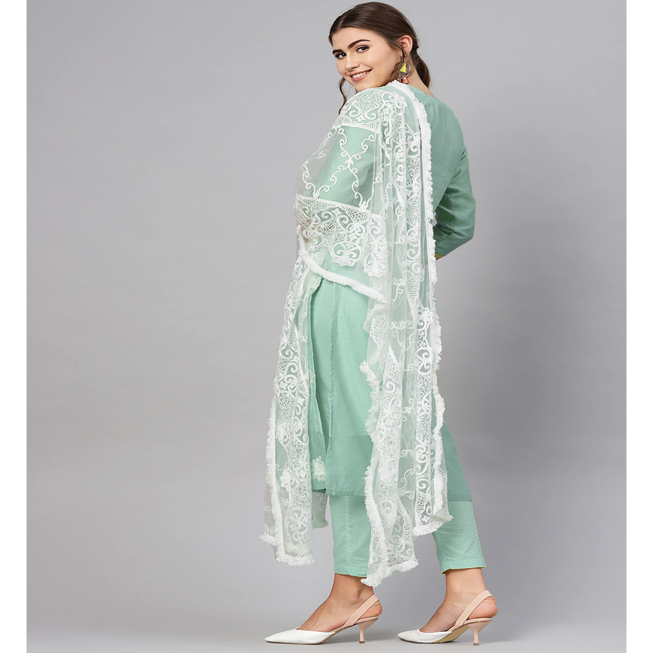 ANNI DESIGNER Women's Ruby Cotton Straight Embroidery Kurti with Pant & Dupatta Set (White-Show Light Green_XL Light Green_X-Large)