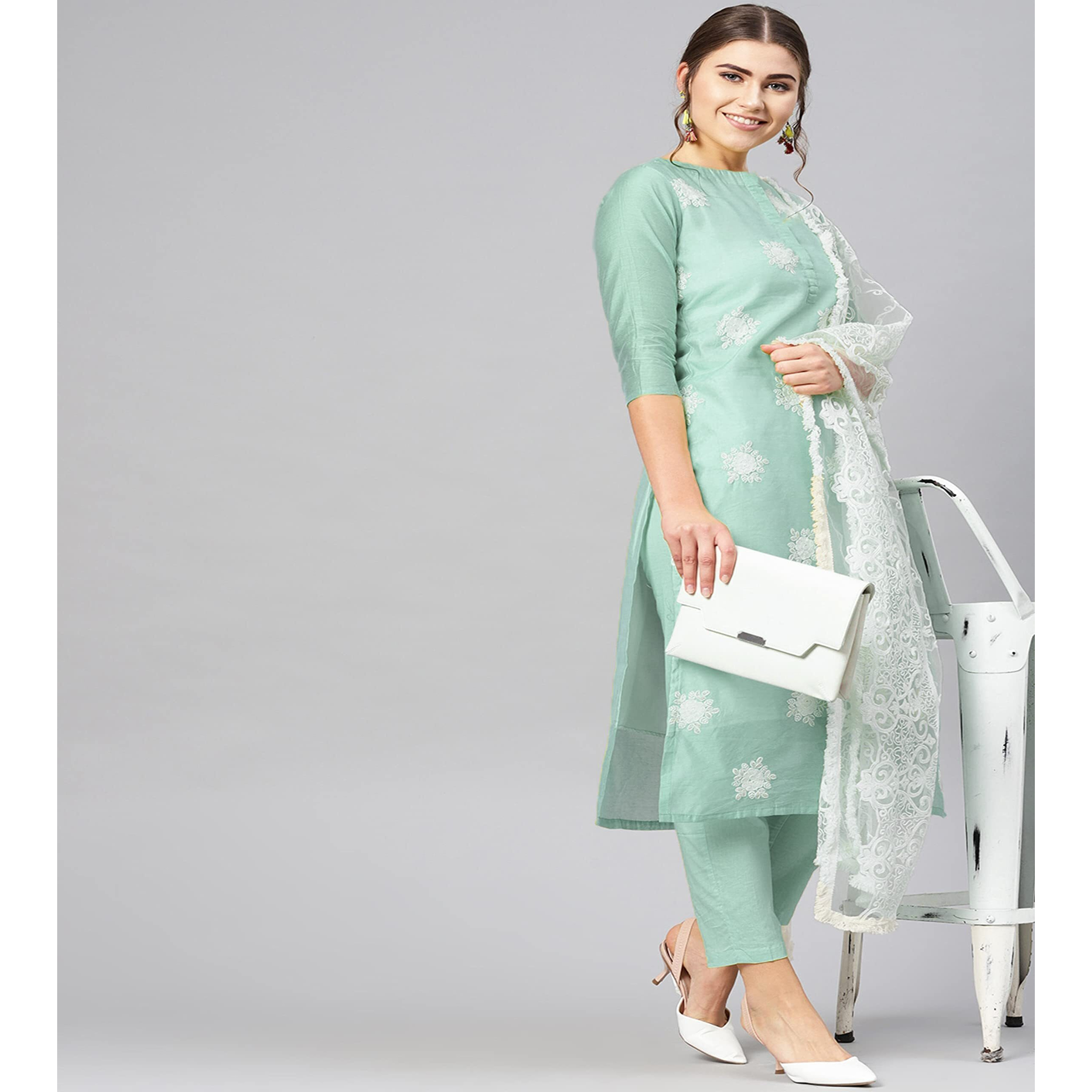 ANNI DESIGNER Women's Ruby Cotton Straight Embroidery Kurti with Pant & Dupatta Set (White-Show Light Green_XL Light Green_X-Large)