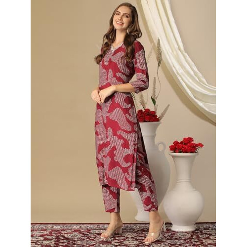 ANNI DESIGNER Women's Cotton Blend Straight Printed Kurta with Pant (Neam Maroon-NW_XL_Maroon_X-Large)