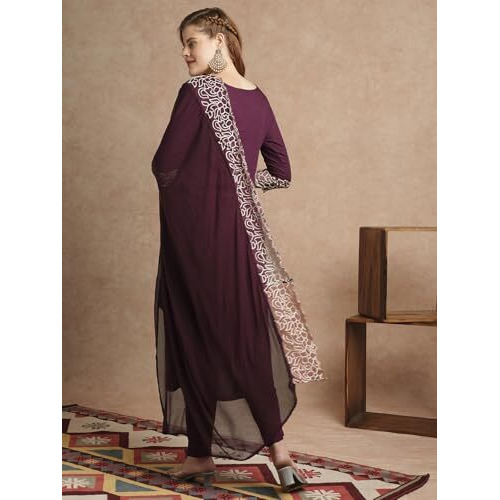 ANNI DESIGNER Women's Rayon Blend Straight Embroidered Kurta with Pant & Dupatta (TRP Wine_XL_Wine_X-Large)
