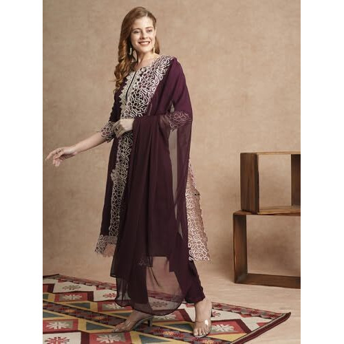 ANNI DESIGNER Women's Rayon Blend Straight Embroidered Kurta with Pant & Dupatta (TRP Wine_XL_Wine_X-Large)