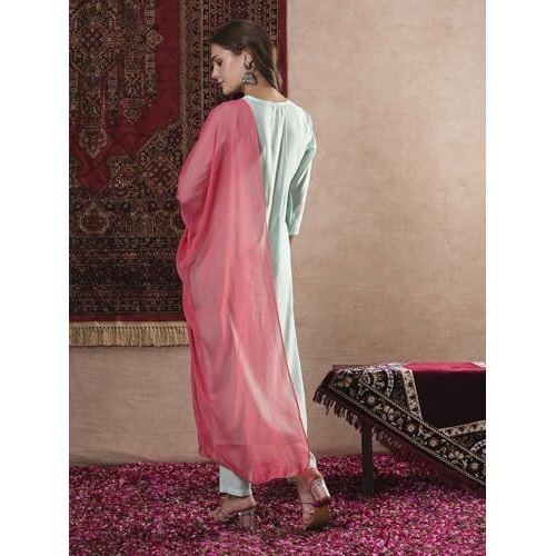 ANNI DESIGNER Women's Rayon Blend Embroidered Straight Kurta with Pant & Dupatta (Baad Green-VKS07_S_Green_Small)