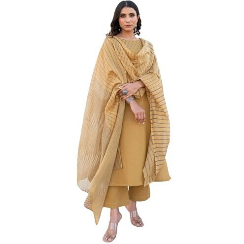 ANNI DESIGNER Women's Rayon Viscose Printed Straight Kurta with Pant & Dupatta (Purika Yellow-VKS01_L_Yellow_Large)