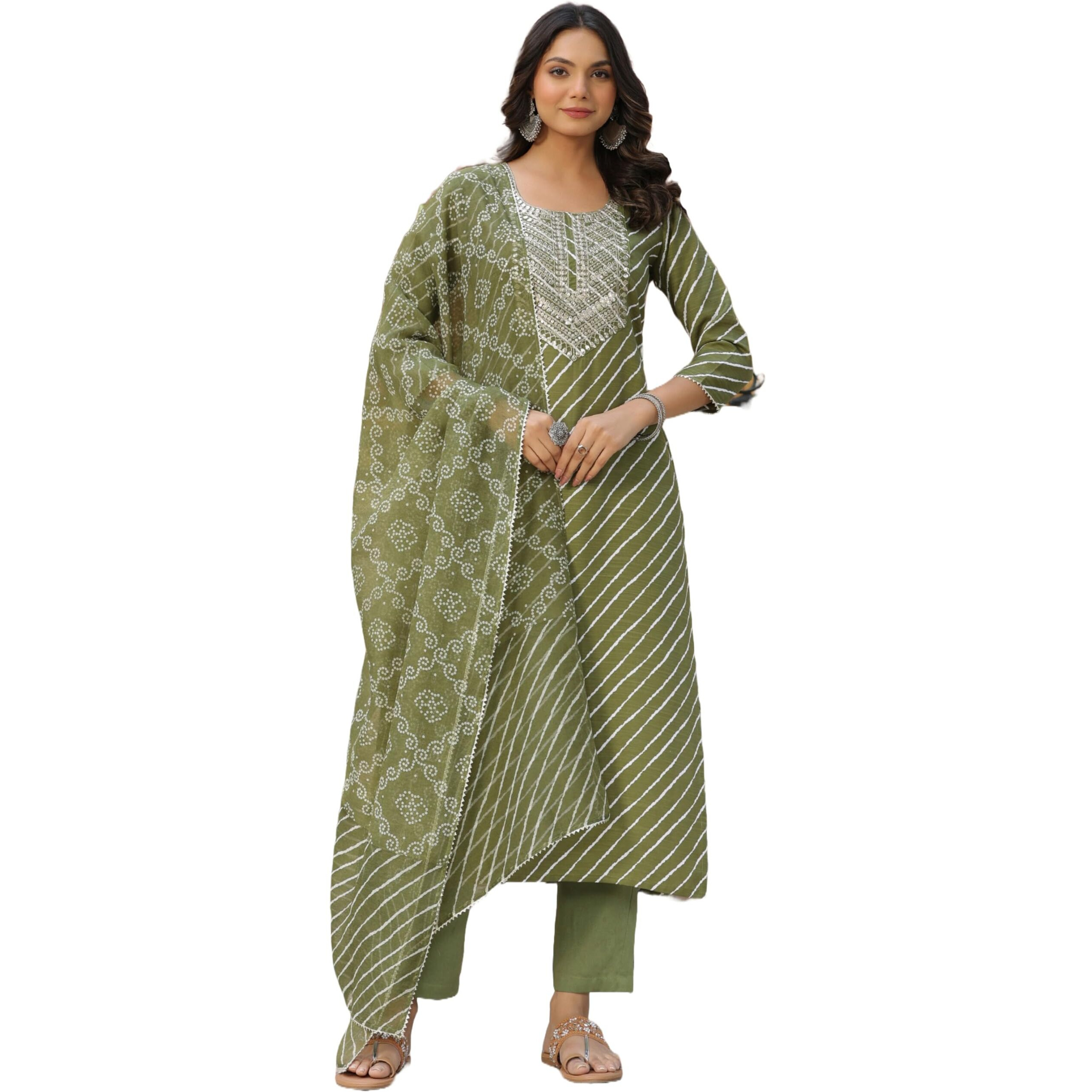 ANNI DESIGNER Women's Cotton Blend Straight Printed Kurta with Pant & Dupatta (DOREMI-Green_S_Green_Small)