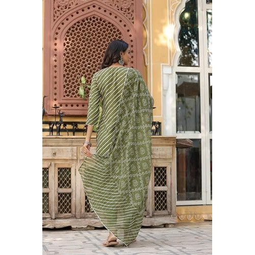 ANNI DESIGNER Women's Cotton Blend Straight Printed Kurta with Pant & Dupatta (DOREMI-Green_S_Green_Small)