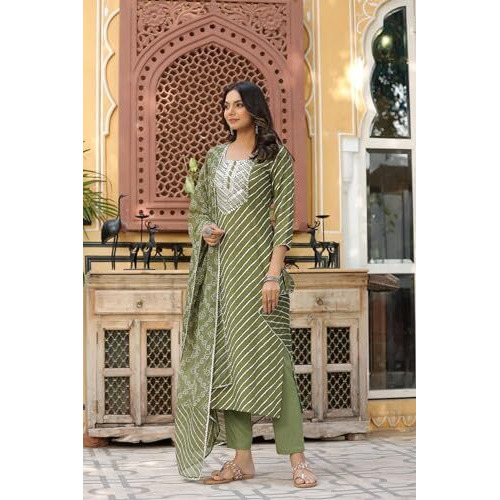 ANNI DESIGNER Women's Cotton Blend Straight Printed Kurta with Pant & Dupatta (DOREMI-Green_S_Green_Small)
