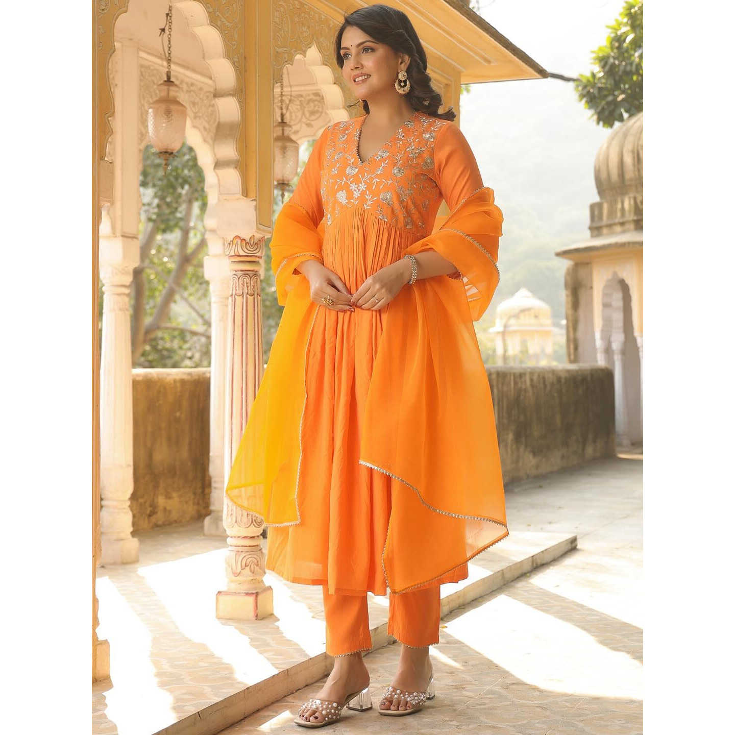 ANNI DESIGNER Women's Rayon Blend Anarkali Embroidered Kurta with Pant & Dupatta (KANAKAM ORANGE-VKS01_5XL_Orange_XXXXX-Large)