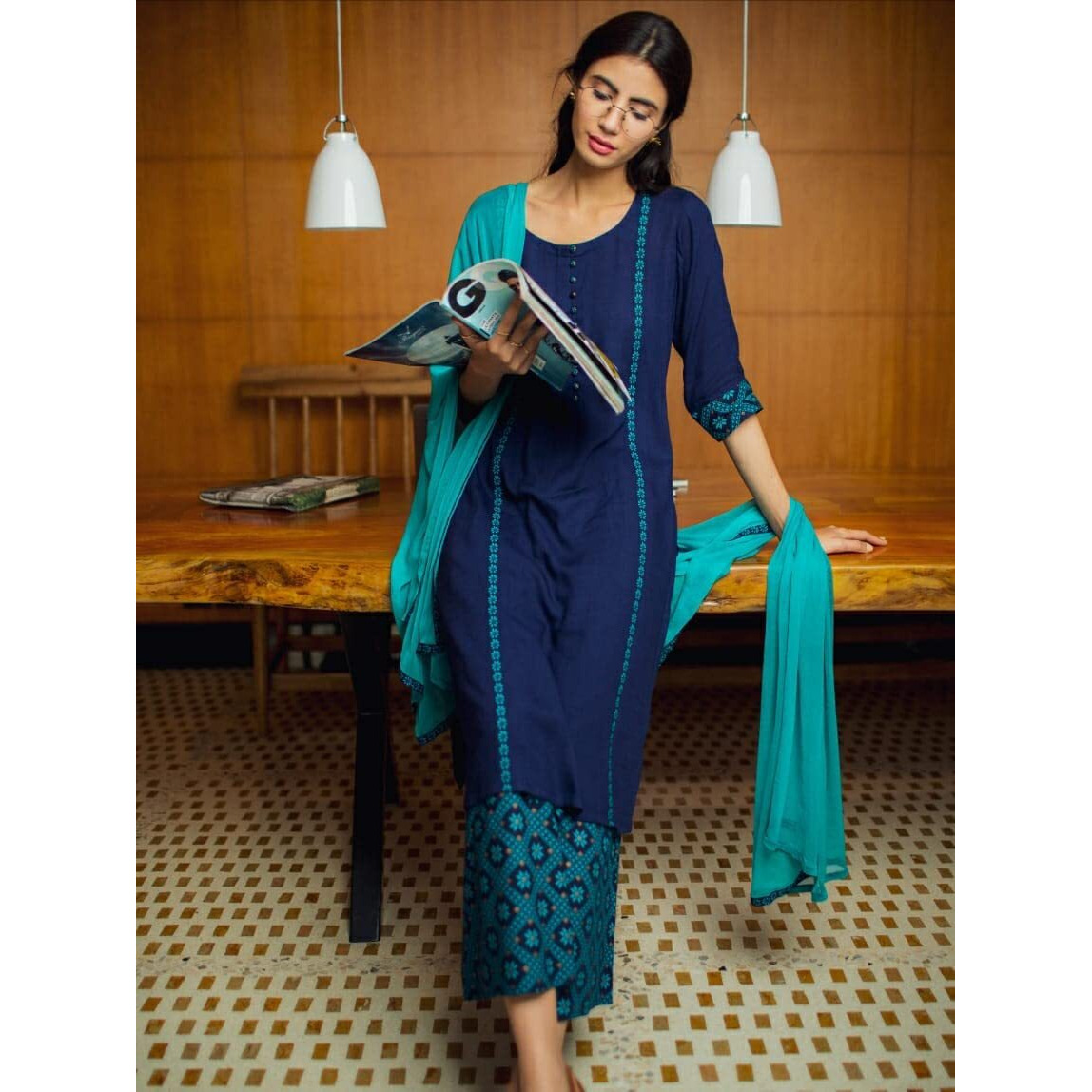 ANNI DESIGNER Women's Cotton Blend Printed Straight Kurta, Palazzo & Dupatta (Homing New Blue_XXL_Navy Blue_XX-Large)