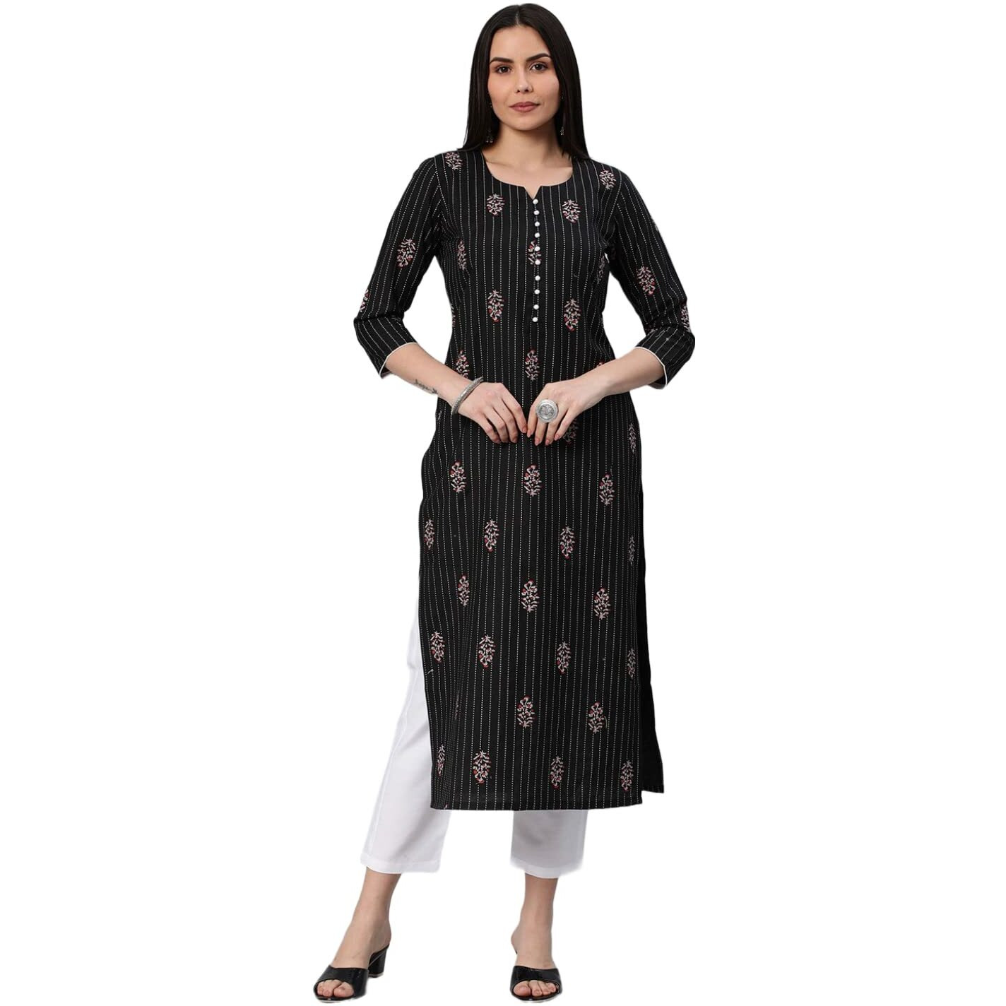 ANNI DESIGNER Women's Cotton Blend Straight Printed Kurta with Pant (Raat Black_L_Black_Large)