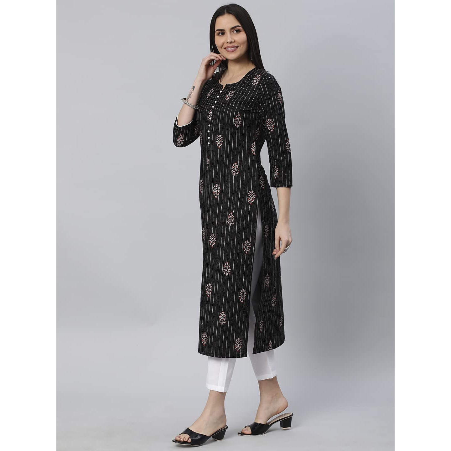 ANNI DESIGNER Women's Cotton Blend Straight Printed Kurta with Pant (Raat Black_L_Black_Large)