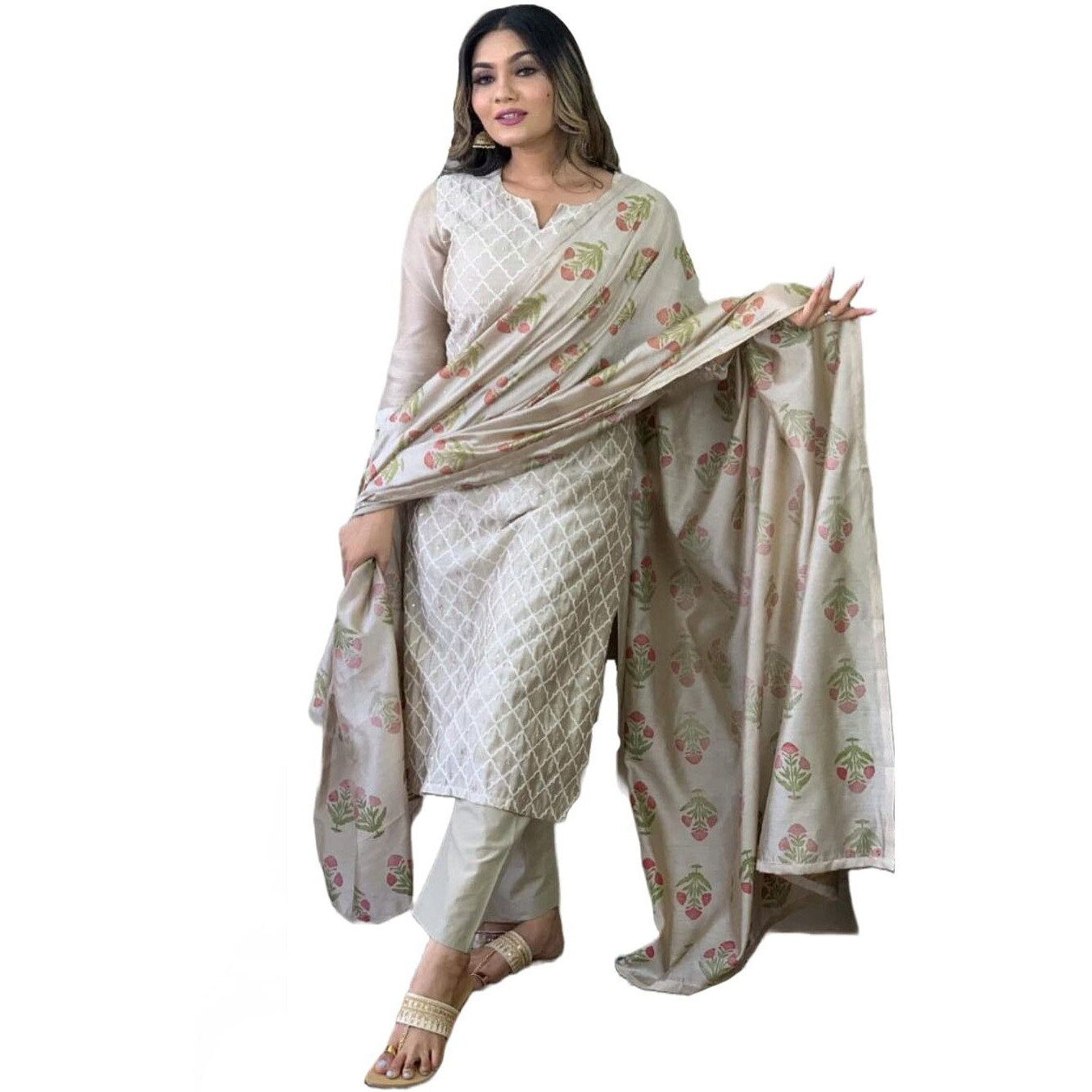 ANNI DESIGNER Women's Cotton Blend Embroidered Straight Kurta with Pant & Dupatta (MYSURU-Cream-Nw_M_Cream_Medium)