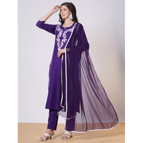 ANNI DESIGNER Women's Rayon Viscose Embroidered Straight Kurta with Pant & Dupatta (JAYASHUDA BEGANI-VKS02_L_Begani_Large)