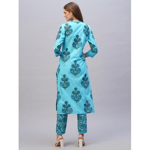 ANNI DESIGNER Women's Rayon Blend Straight Printed Kurta with Pant (Cheer Blue_XXL_Blue_XX-Large)