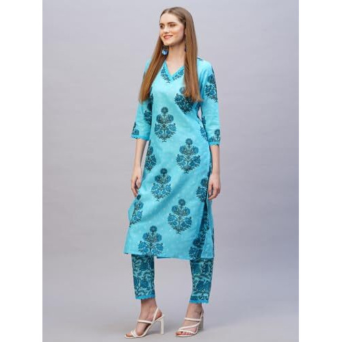 ANNI DESIGNER Women's Rayon Blend Straight Printed Kurta with Pant (Cheer Blue_XXL_Blue_XX-Large)