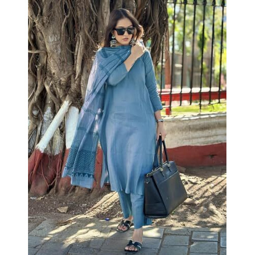 ANNI DESIGNER Women's Rayon Blend Straight Solid Kurta with Pant & Dupatta (Raja Saab Light Blue-VKS01_L_Light Blue_Large)