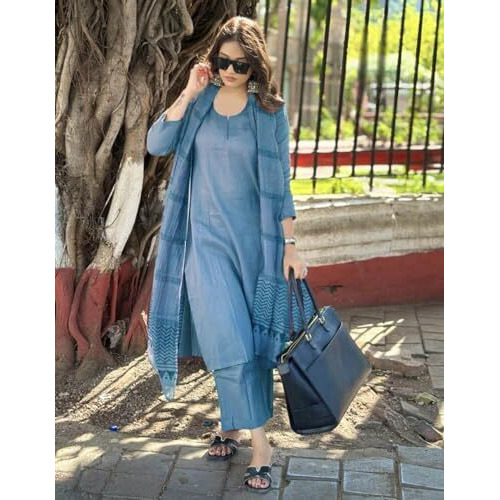 ANNI DESIGNER Women's Rayon Blend Straight Solid Kurta with Pant & Dupatta (Raja Saab Light Blue-VKS01_L_Light Blue_Large)