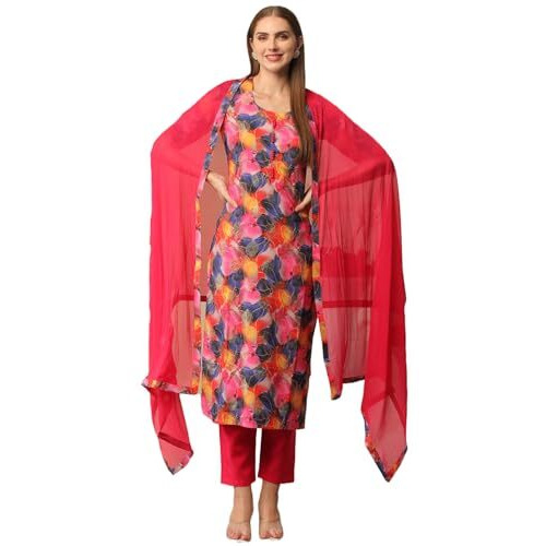 ANNI DESIGNER Women's Cotton Blend Printed Straight Kurta with Pant & Dupatta (Axel Red_XXL_Red_XX-Large)