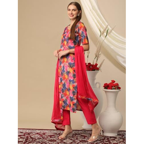 ANNI DESIGNER Women's Cotton Blend Printed Straight Kurta with Pant & Dupatta (Axel Red_XXL_Red_XX-Large)