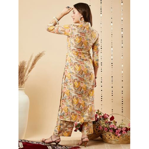 ANNI DESIGNER Women's Cotton Blend Printed Straight Kurta with Palazzo Set (Half Yellow-NW_S_Yellow_Small)
