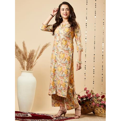 ANNI DESIGNER Women's Cotton Blend Printed Straight Kurta with Palazzo Set (Half Yellow-NW_S_Yellow_Small)