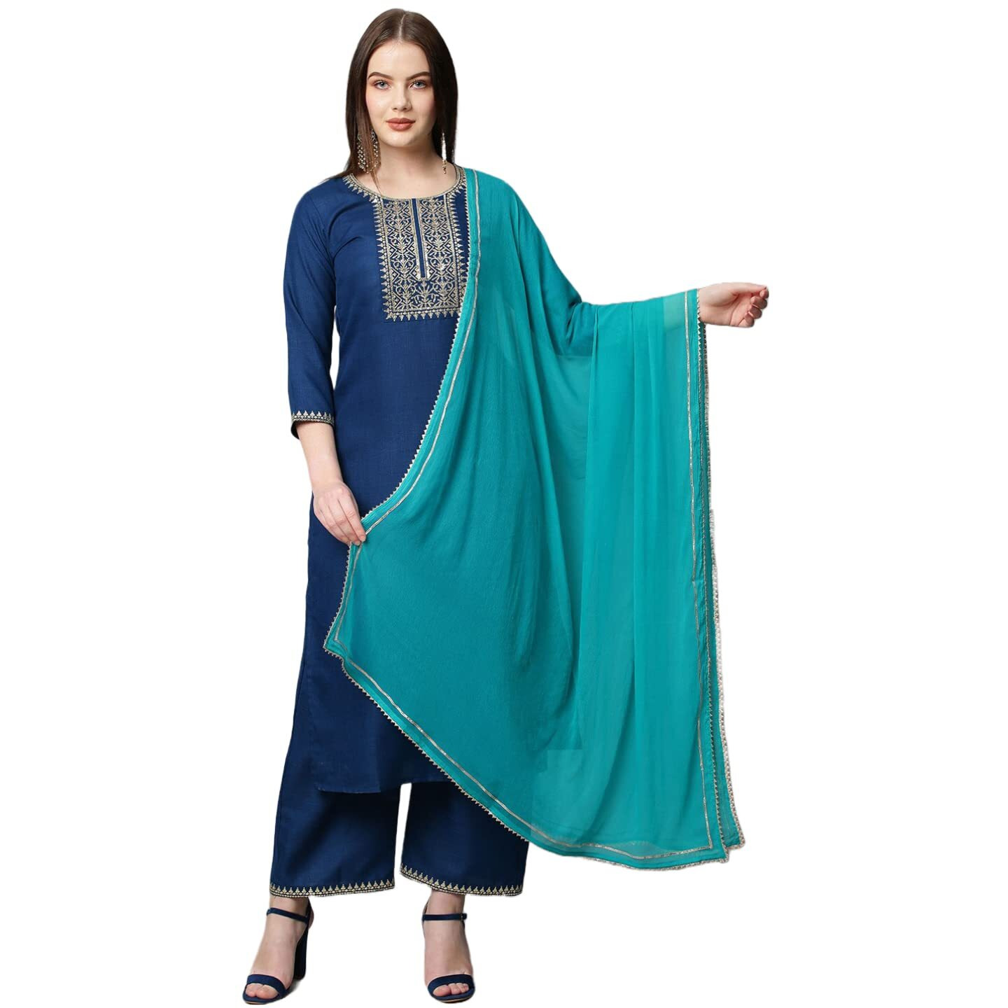 ANNI DESIGNER Women's Cotton Blend Solid Straight Kurta with Palazzos & With Dupatta (Dakum Kerosin_XXL_Dark Blue_XX-Large)