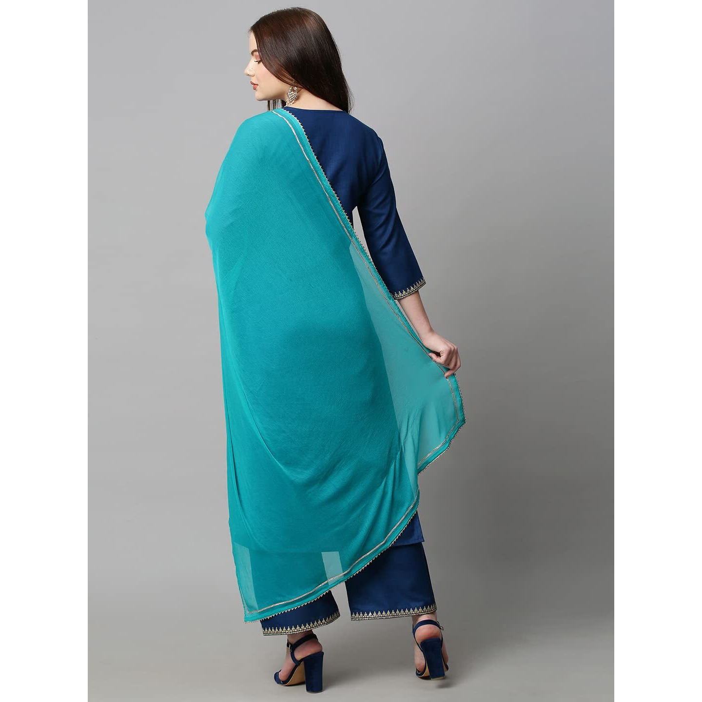 ANNI DESIGNER Women's Cotton Blend Solid Straight Kurta with Palazzos & With Dupatta (Dakum Kerosin_XXL_Dark Blue_XX-Large)