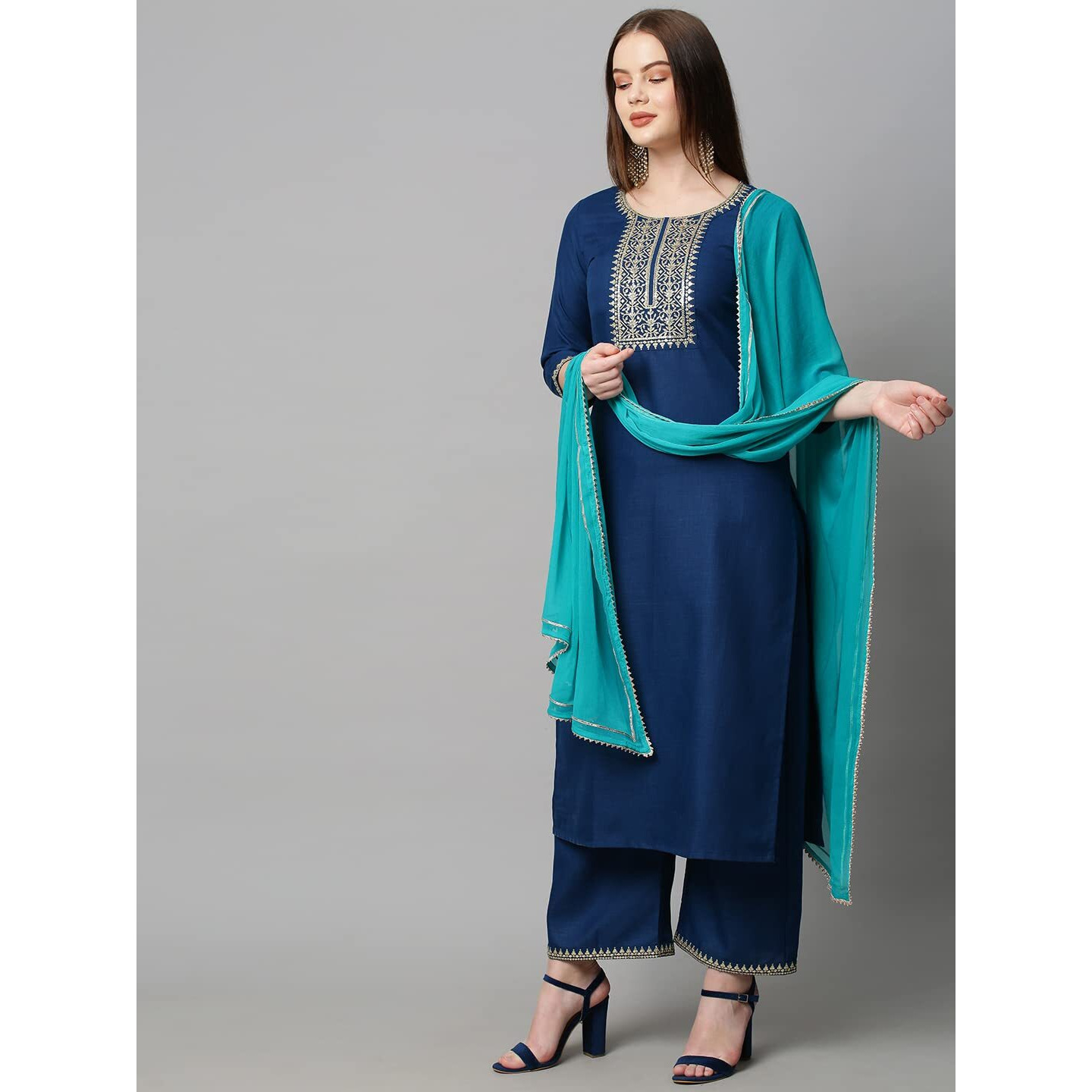 ANNI DESIGNER Women's Cotton Blend Solid Straight Kurta with Palazzos & With Dupatta (Dakum Kerosin_XXL_Dark Blue_XX-Large)