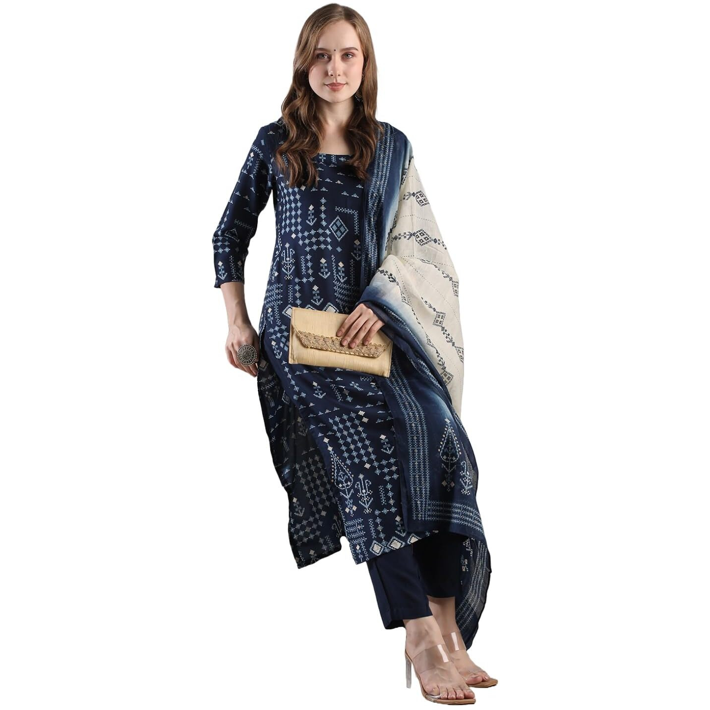 ANNI DESIGNER Women's Rayon Blend Straight Printed Kurta with Pant & Dupatta (PAULMI BLUE-VKS02_XXL_Blue_XX-Large)