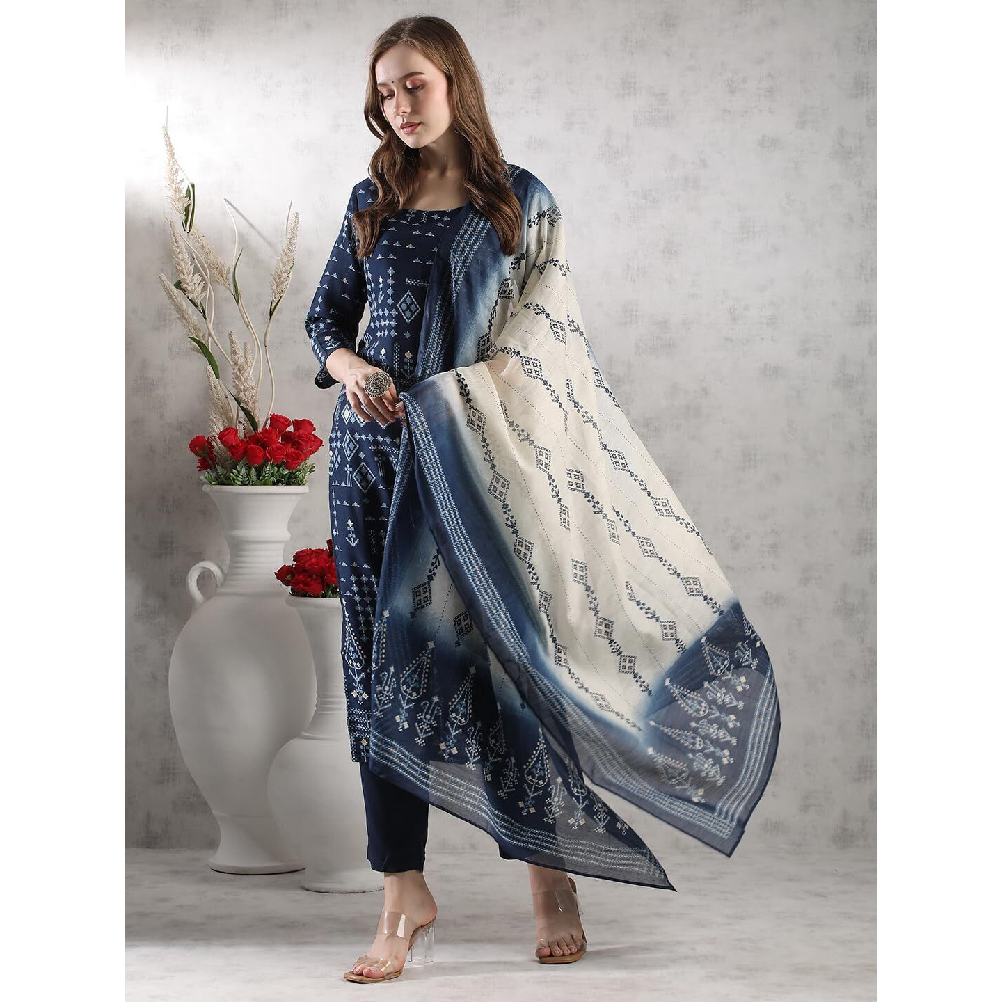 ANNI DESIGNER Women's Rayon Blend Straight Printed Kurta with Pant & Dupatta (PAULMI BLUE-VKS02_XXL_Blue_XX-Large)