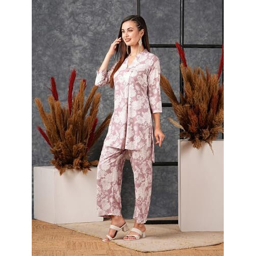 ANNI DESIGNER Women's Cotton Blend Printed Ethnic Co-ord Set (Dakal Peach_M_Peach_Medium)