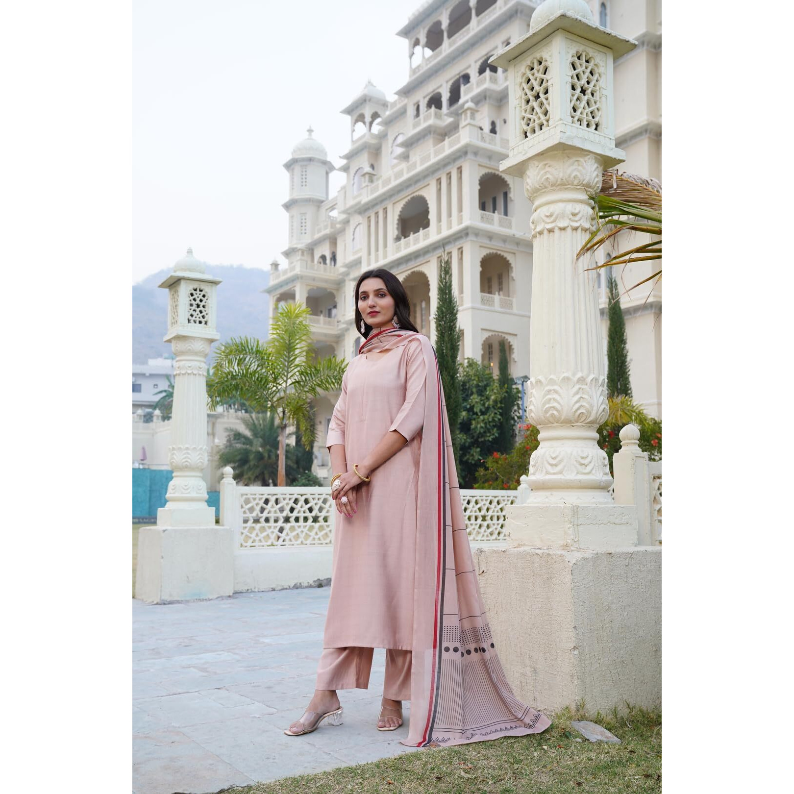 ANNI DESIGNER Women's Rayon Blend Solid Straight Kurta with Pant & Dupatta (Raja Saab Beige-VKS03_M_Beige_Medium)