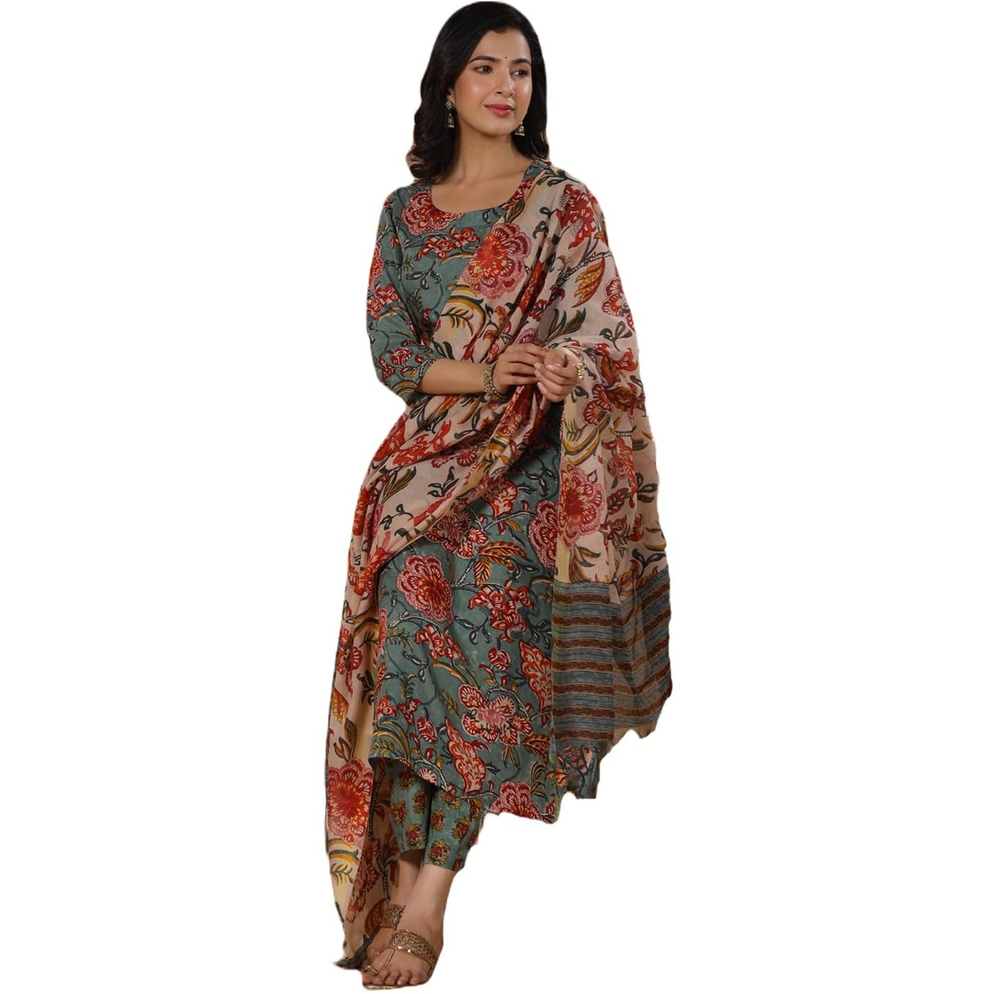 ANNI DESIGNER Women's Rayon Blend Printed Straight Kurta with Pant & Dupatta (FTA Green-NB_M_Green_Medium)